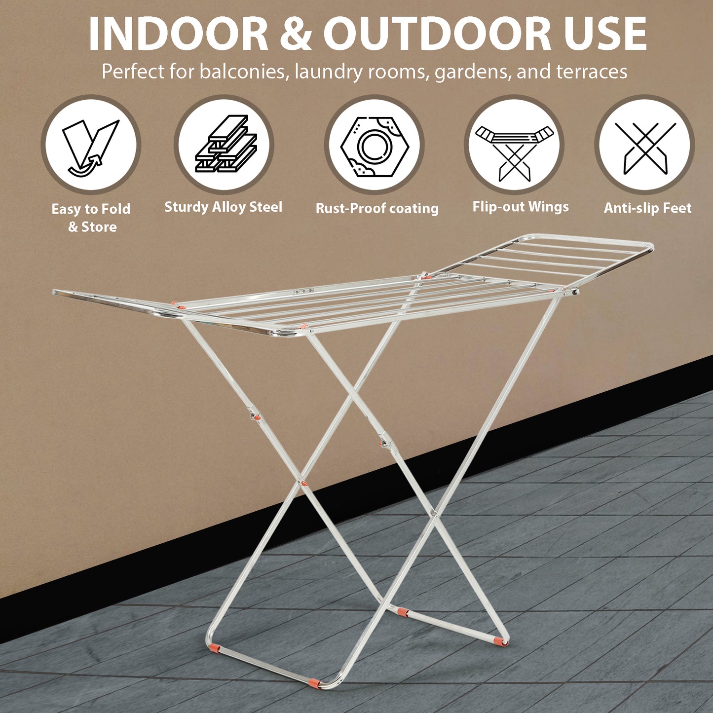 H Houseware Stainless Steel Heavy Duty Foldable Cloth Drying Stand for Balcony