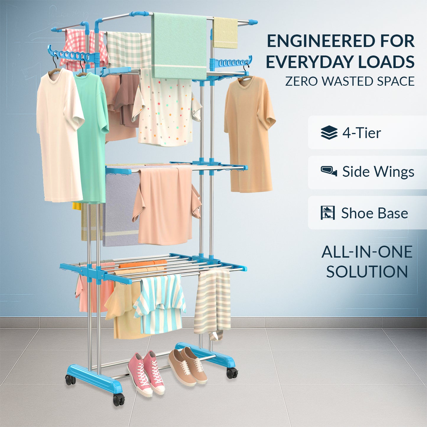 H Houseware Foldable Cloth Drying Stand Stainless Steel 4 Tier Heavy-Duty Clothes Dryer for Balcony, Indoor & Outdoor Use | with Wheels & Hanger Slots | Rust-Proof Laundry Rack (Blue)