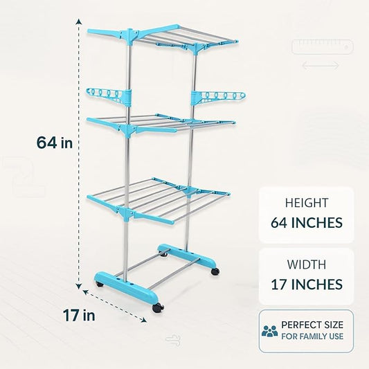 Single-Pole Stainless Steel 3-Tier Cloth Drying Stand with Wheels | Rustproof & Portable Laundry Rack (Sky Blue)