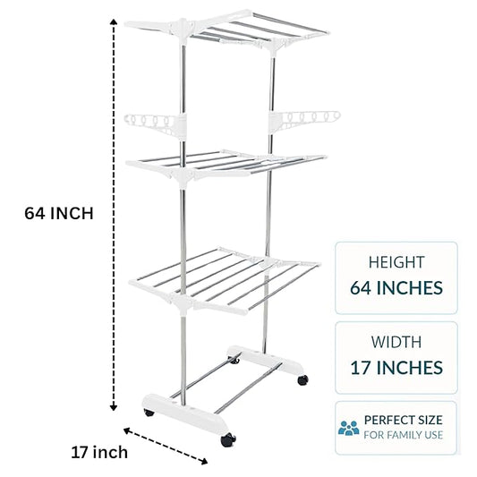 Single-Pole Stainless Steel 3-Tier Cloth Drying Stand with Wheels | Rustproof & Portable Laundry Rack (White)