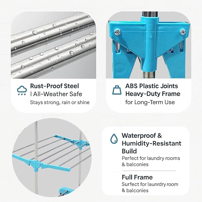 Single-Pole Stainless Steel 3-Tier Cloth Drying Stand with Wheels | Rustproof & Portable Laundry Rack (Sky Blue)