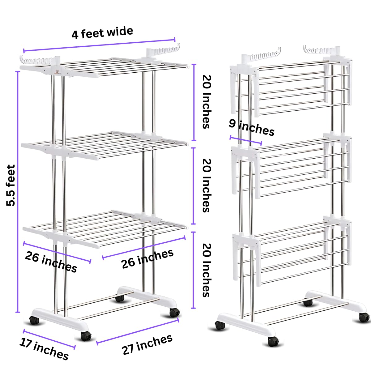 H Houseware Foldable Cloth Drying Stand Stainless Steel 3 Tier Heavy-Duty Clothes Dryer Indoor & Outdoor Use with Wheels & Hanger Slots Rust-Proof Laundry Rack (White)