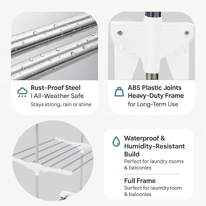 Single-Pole Stainless Steel 3-Tier Cloth Drying Stand with Wheels | Rustproof & Portable Laundry Rack (White)