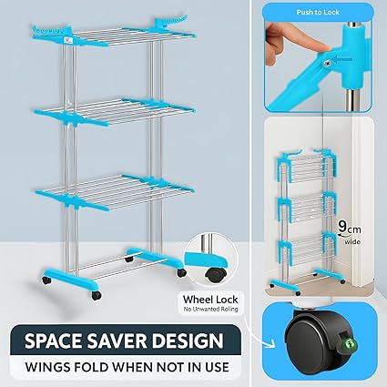 Foldable Cloth Drying Stand Stainless Steel – 3 Tier Heavy-Duty Clothes Dryer for Balcony (Blue)