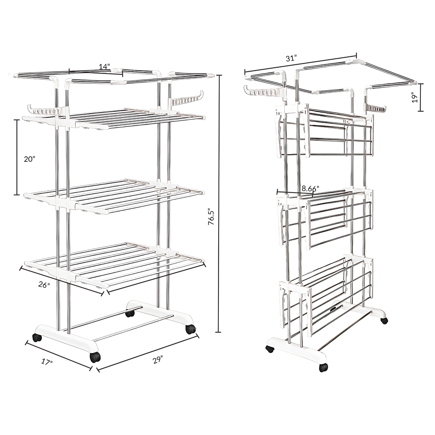 H Houseware Foldable Cloth Drying Stand Stainless Steel 4 Tier Heavy-Duty Clothes Dryer for Balcony, Indoor & Outdoor Use | with Wheels & Hanger Slots | Rust-Proof Laundry Rack (White)