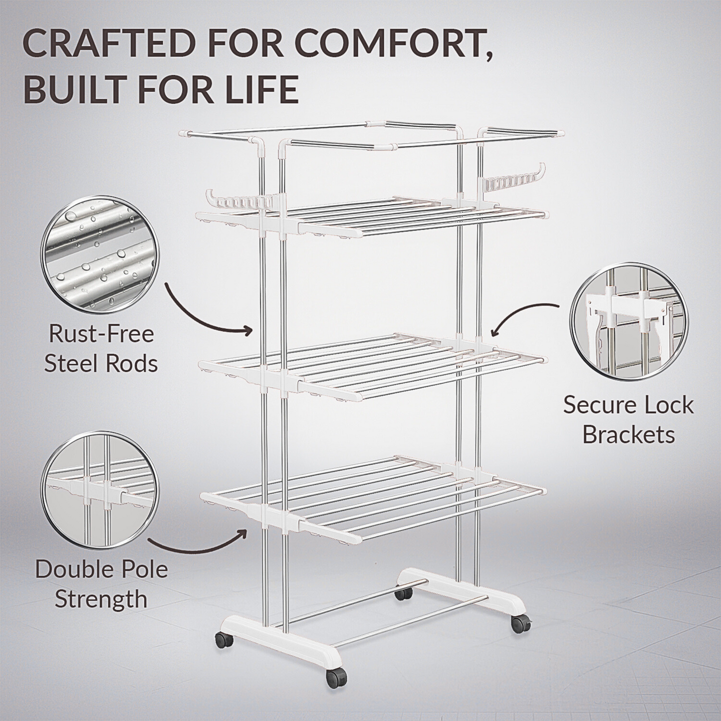 H Houseware Foldable Cloth Drying Stand Stainless Steel 4 Tier Heavy-Duty Clothes Dryer for Balcony, Indoor & Outdoor Use | with Wheels & Hanger Slots | Rust-Proof Laundry Rack (White)