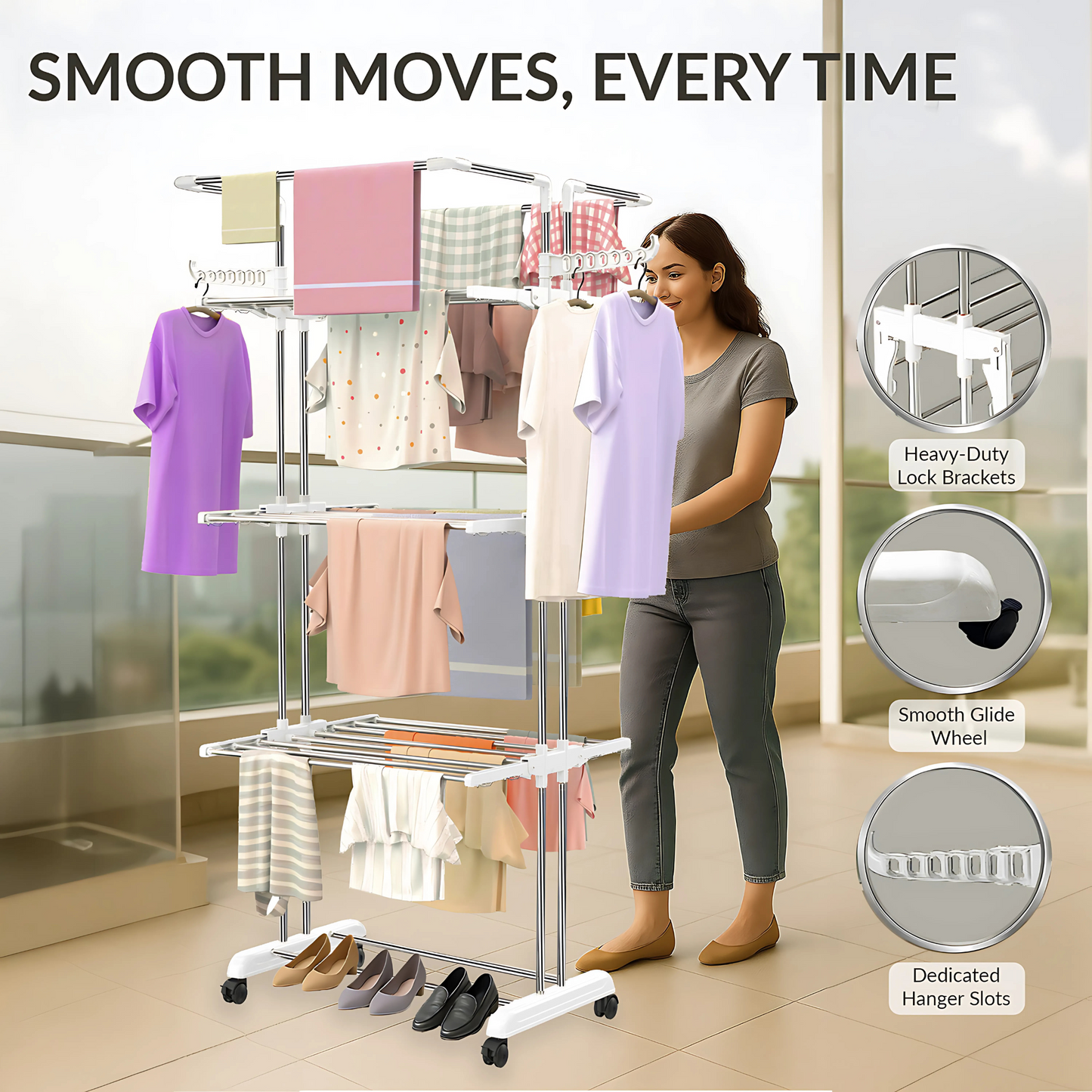 H Houseware Foldable Cloth Drying Stand Stainless Steel 4 Tier Heavy-Duty Clothes Dryer for Balcony, Indoor & Outdoor Use | with Wheels & Hanger Slots | Rust-Proof Laundry Rack (White)