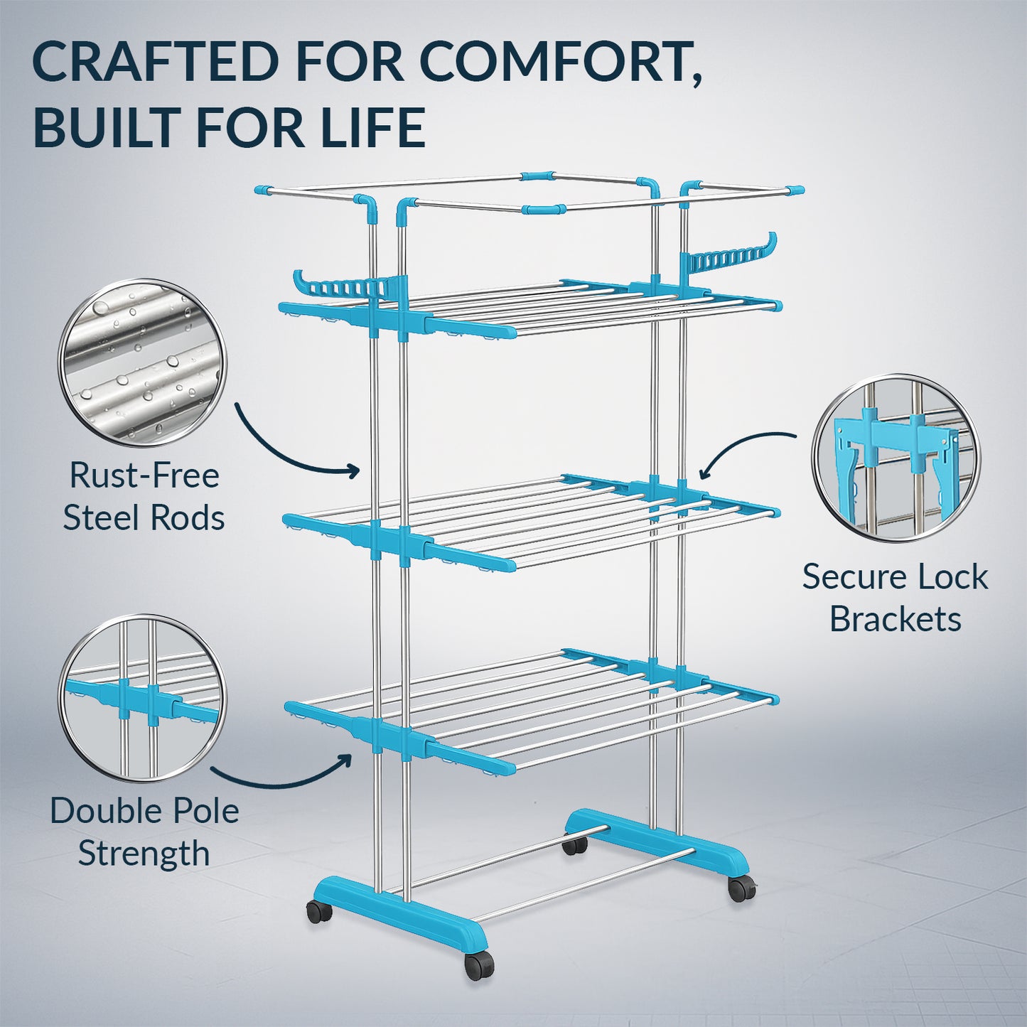 H Houseware Foldable Cloth Drying Stand Stainless Steel 4 Tier Heavy-Duty Clothes Dryer for Balcony, Indoor & Outdoor Use | with Wheels & Hanger Slots | Rust-Proof Laundry Rack (Blue)