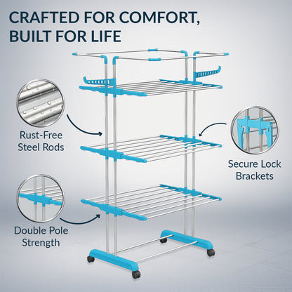 H Houseware Foldable Cloth Drying Stand Stainless Steel 4 Tier Heavy-Duty Clothes Dryer for Balcony, Indoor & Outdoor Use | with Wheels & Hanger Slots | Rust-Proof Laundry Rack (Blue)