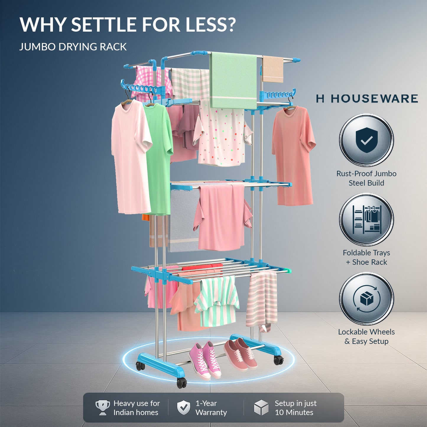 H Houseware Foldable Cloth Drying Stand Stainless Steel 4 Tier Heavy-Duty Clothes Dryer for Balcony, Indoor & Outdoor Use | with Wheels & Hanger Slots | Rust-Proof Laundry Rack (Blue)