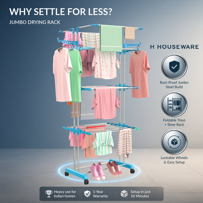 H Houseware Foldable Cloth Drying Stand Stainless Steel 4 Tier Heavy-Duty Clothes Dryer for Balcony, Indoor & Outdoor Use | with Wheels & Hanger Slots | Rust-Proof Laundry Rack (Blue)