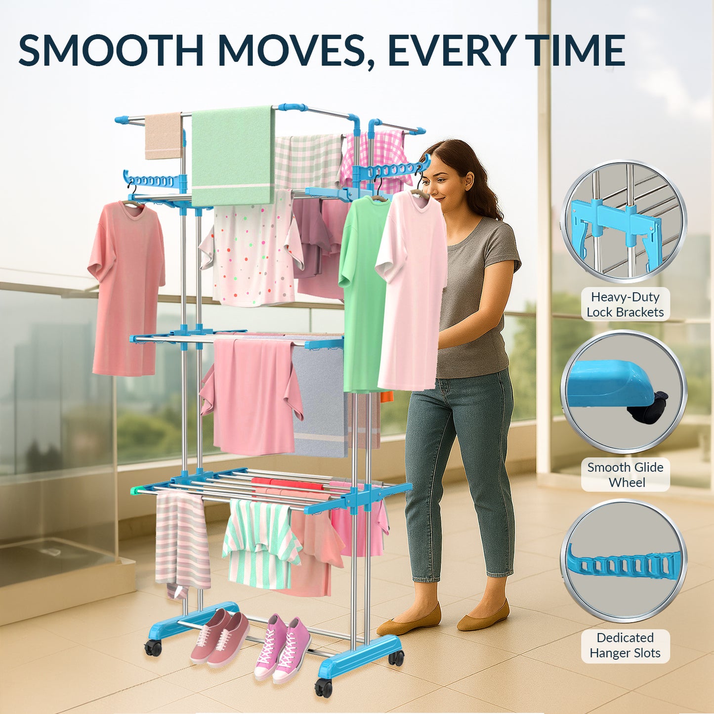 H Houseware Foldable Cloth Drying Stand Stainless Steel 4 Tier Heavy-Duty Clothes Dryer for Balcony, Indoor & Outdoor Use | with Wheels & Hanger Slots | Rust-Proof Laundry Rack (Blue)