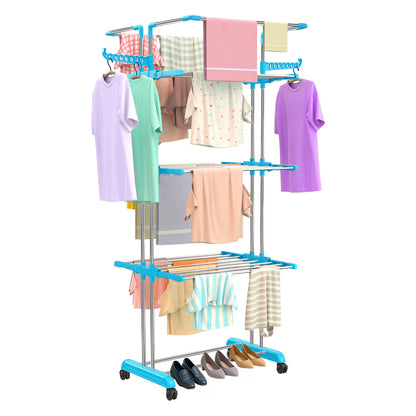 H Houseware Foldable Cloth Drying Stand Stainless Steel 4 Tier Heavy-Duty Clothes Dryer for Balcony, Indoor & Outdoor Use | with Wheels & Hanger Slots | Rust-Proof Laundry Rack (Blue)