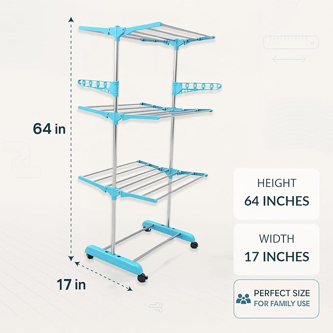 Single-Pole Stainless Steel 3-Tier Cloth Drying Stand with Wheels | Rustproof & Portable Laundry Rack (Sky Blue)