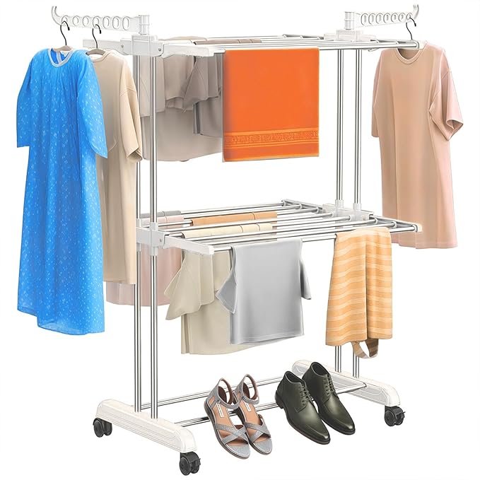 Heavy Duty Stainless Steel 2-Tier Cloth Drying Stand with Wheels | Rustproof & Portable Laundry Rack (White)