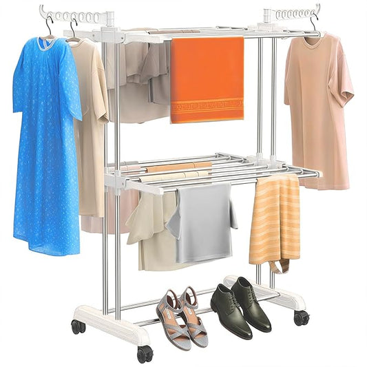 Heavy Duty Stainless Steel 2-Tier Cloth Drying Stand with Wheels | Rustproof & Portable Laundry Rack (White)