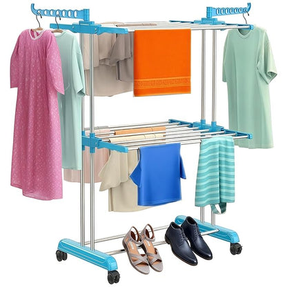 Heavy Duty Stainless Steel 2-Tier Cloth Drying Stand with Wheels | Rustproof & Portable Double Pole Laundry Rack (Blue)