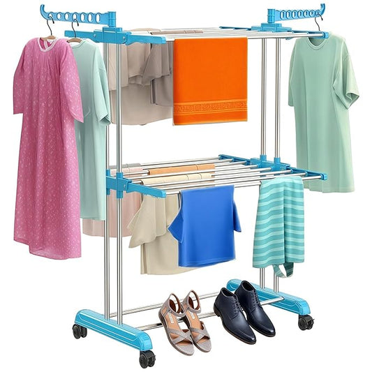 Heavy Duty Stainless Steel 2-Tier Cloth Drying Stand with Wheels | Rustproof & Portable Double Pole Laundry Rack (Blue)