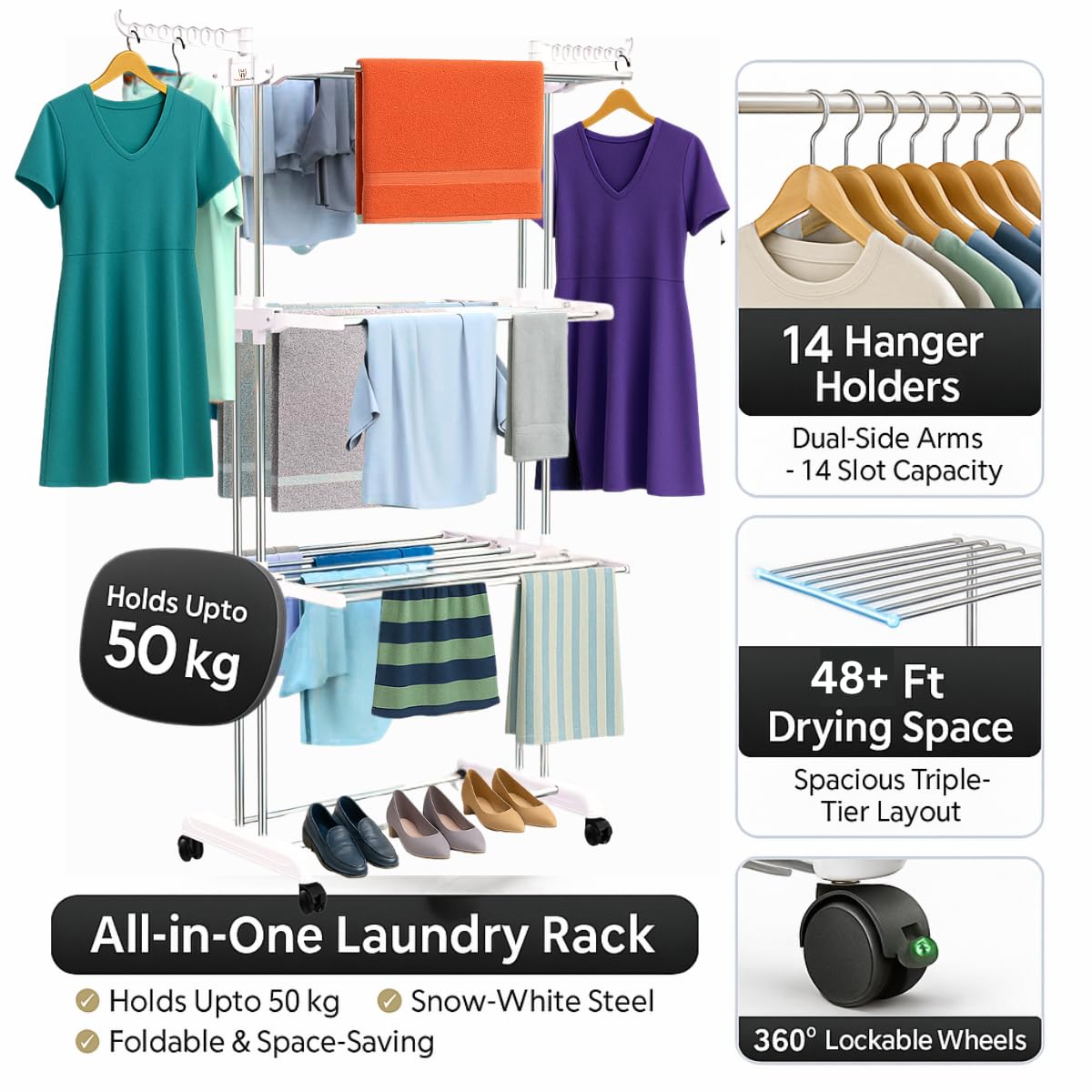 H Houseware Foldable Cloth Drying Stand Stainless Steel 3 Tier Heavy-Duty Clothes Dryer Indoor & Outdoor Use with Wheels & Hanger Slots Rust-Proof Laundry Rack (White)