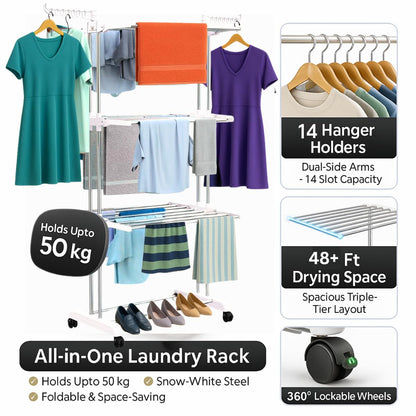 H Houseware Foldable Cloth Drying Stand Stainless Steel 3 Tier Heavy-Duty Clothes Dryer Indoor & Outdoor Use with Wheels & Hanger Slots Rust-Proof Laundry Rack (White)