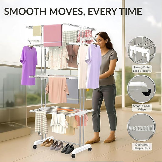 Heavy Duty Stainless Steel 4-Tier Cloth Drying Stand with Wheels | Rustproof & Portable Laundry Rack