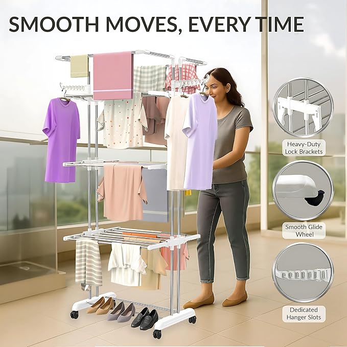 Heavy Duty Stainless Steel 4-Tier Cloth Drying Stand with Wheels | Rustproof & Portable Laundry Rack