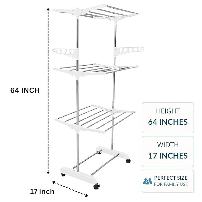 Single-Pole Stainless Steel 3-Tier Cloth Drying Stand with Wheels | Rustproof & Portable Laundry Rack (White)
