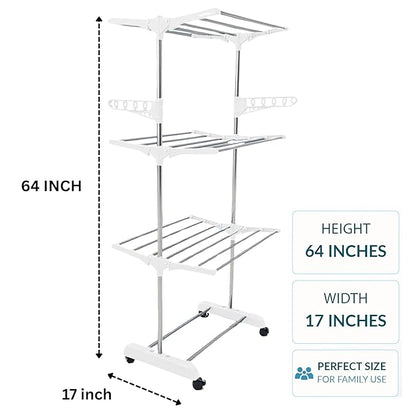Single-Pole Stainless Steel 3-Tier Cloth Drying Stand with Wheels | Rustproof & Portable Laundry Rack (White)