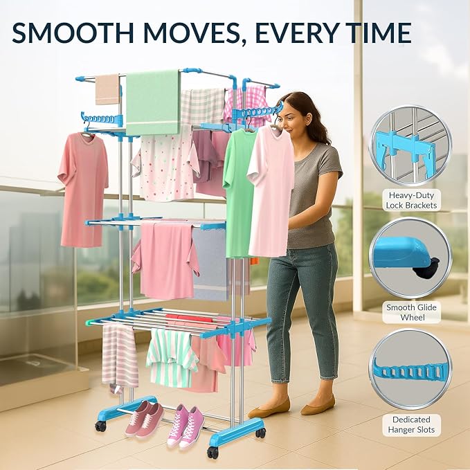 Heavy Duty Stainless Steel 4-Tier Cloth Drying Stand with Wheels | Rustproof & Portable (Jumbo)