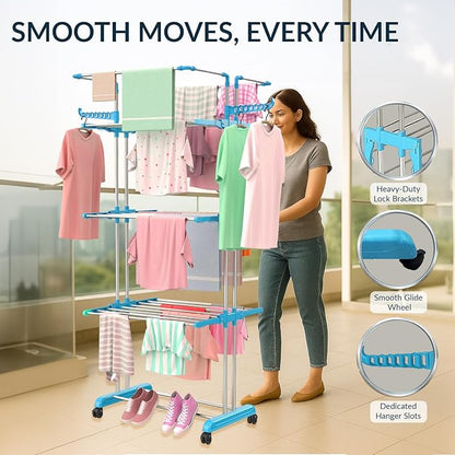 Heavy Duty Stainless Steel 4-Tier Cloth Drying Stand with Wheels | Rustproof & Portable (Jumbo)