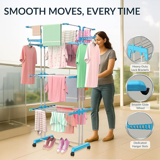 Heavy Duty Stainless Steel 4-Tier Cloth Drying Stand with Wheels | Rustproof & Portable (Jumbo)