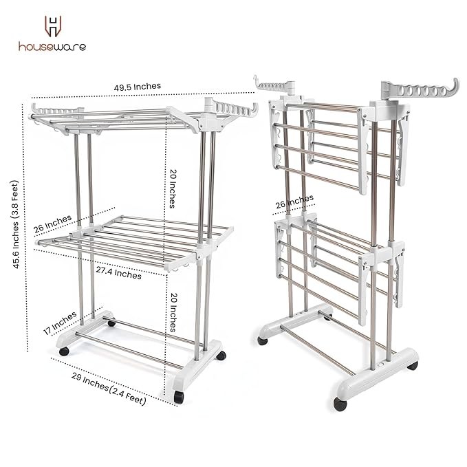 Heavy Duty Stainless Steel 2-Tier Cloth Drying Stand with Wheels | Rustproof & Portable Laundry Rack (White)
