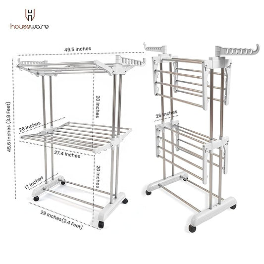 Heavy Duty Stainless Steel 2-Tier Cloth Drying Stand with Wheels | Rustproof & Portable Laundry Rack (White)