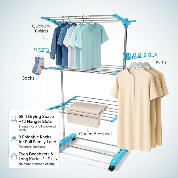 Single-Pole Stainless Steel 3-Tier Cloth Drying Stand with Wheels | Rustproof & Portable Laundry Rack (Sky Blue)