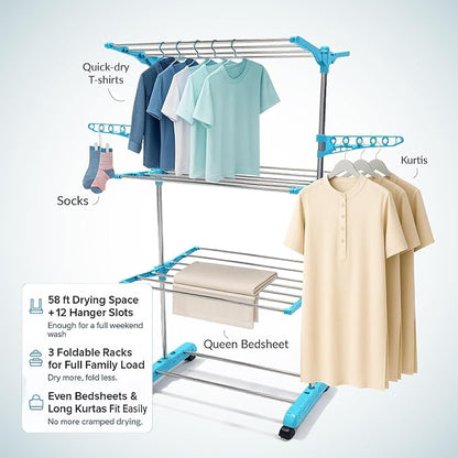 Single-Pole Stainless Steel 3-Tier Cloth Drying Stand with Wheels | Rustproof & Portable Laundry Rack (Sky Blue)