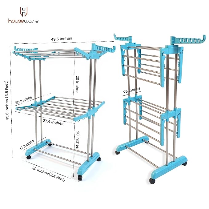 Heavy Duty Stainless Steel 2-Tier Cloth Drying Stand with Wheels | Rustproof & Portable Double Pole Laundry Rack (Blue)