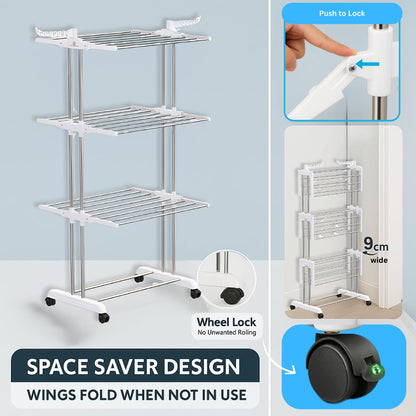 H Houseware Foldable Cloth Drying Stand Stainless Steel 3 Tier Heavy-Duty Clothes Dryer Indoor & Outdoor Use with Wheels & Hanger Slots Rust-Proof Laundry Rack (White)