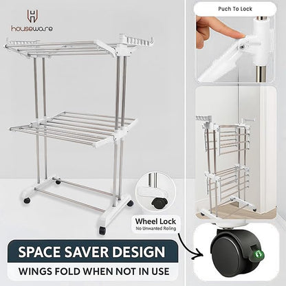 Heavy Duty Stainless Steel 2-Tier Cloth Drying Stand with Wheels | Rustproof & Portable Laundry Rack (White)