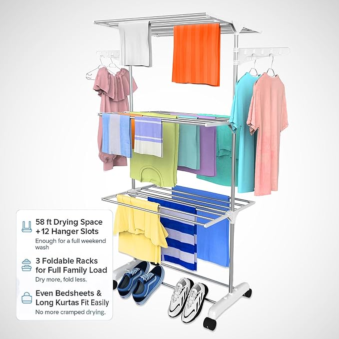 Single-Pole Stainless Steel 3-Tier Cloth Drying Stand with Wheels | Rustproof & Portable Laundry Rack (White)