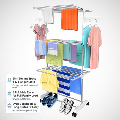 Single-Pole Stainless Steel 3-Tier Cloth Drying Stand with Wheels | Rustproof & Portable Laundry Rack (White)