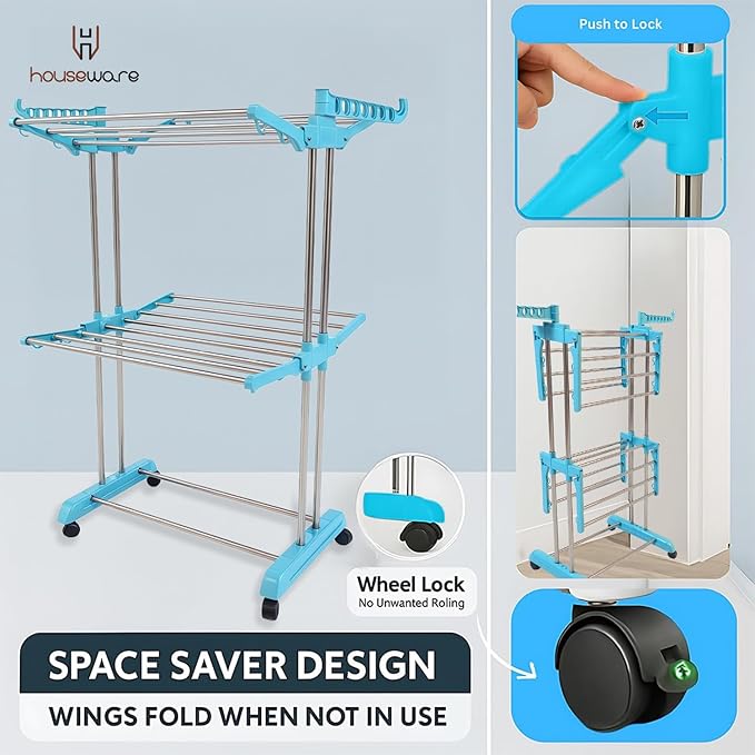Heavy Duty Stainless Steel 2-Tier Cloth Drying Stand with Wheels | Rustproof & Portable Double Pole Laundry Rack (Blue)