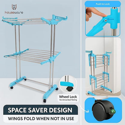 Heavy Duty Stainless Steel 2-Tier Cloth Drying Stand with Wheels | Rustproof & Portable Double Pole Laundry Rack (Blue)