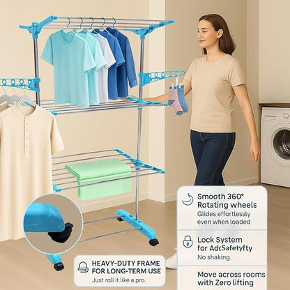 Single-Pole Stainless Steel 3-Tier Cloth Drying Stand with Wheels | Rustproof & Portable Laundry Rack (Sky Blue)