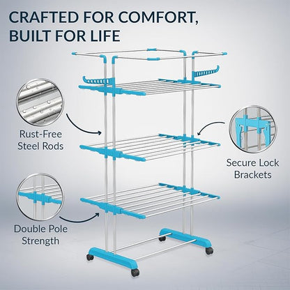 Heavy Duty Stainless Steel 4-Tier Cloth Drying Stand with Wheels | Rustproof & Portable (Jumbo)