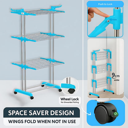 H Houseware Foldable Cloth Drying Stand Stainless Steel 3 Tier Heavy-Duty Clothes Dryer for Balcony Indoor & Outdoor Use with Wheels & Hanger Slots Rust-Proof (Blue)
