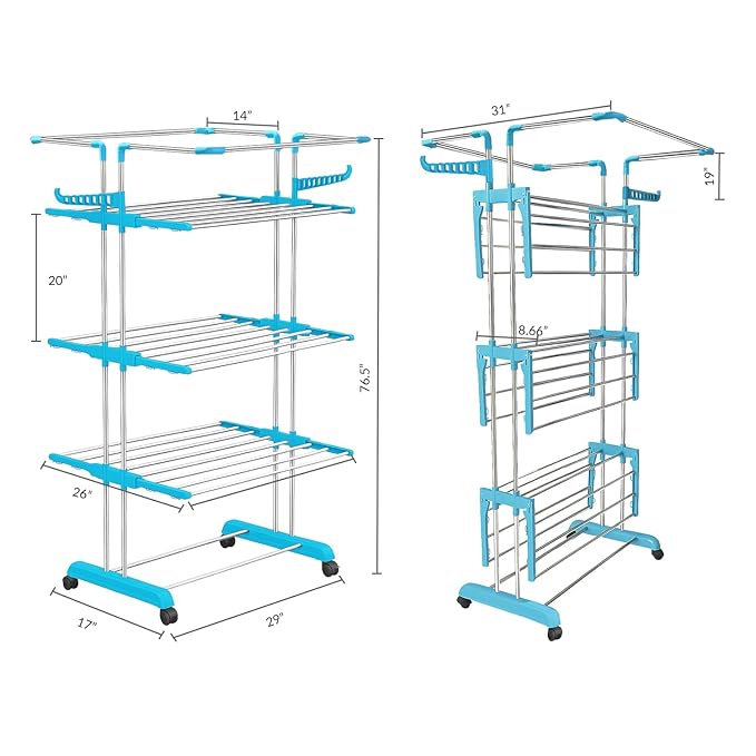 Heavy Duty Stainless Steel 4-Tier Cloth Drying Stand with Wheels | Rustproof & Portable (Jumbo)