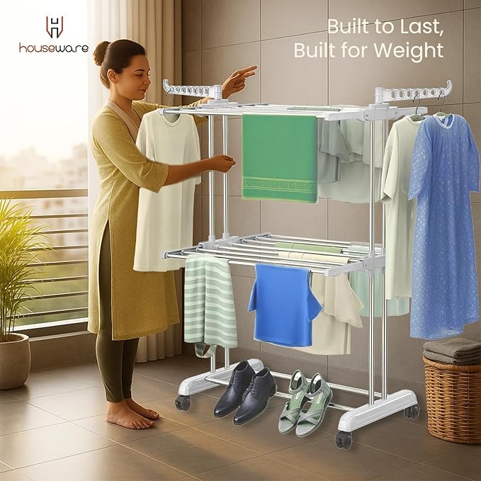 Heavy Duty Stainless Steel 2-Tier Cloth Drying Stand with Wheels | Rustproof & Portable Laundry Rack (White)