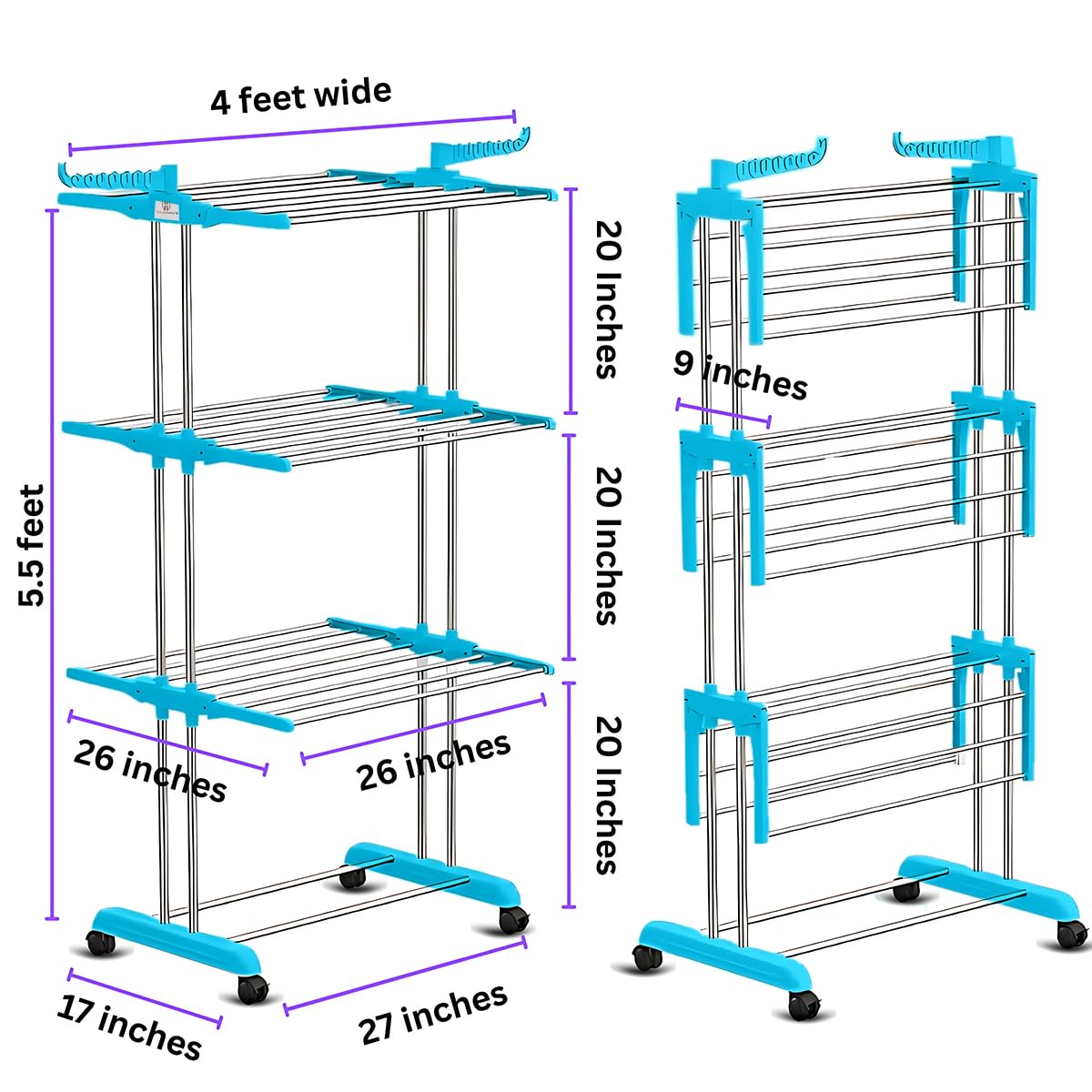 H Houseware Foldable Cloth Drying Stand Stainless Steel 3 Tier Heavy-Duty Clothes Dryer for Balcony Indoor & Outdoor Use with Wheels & Hanger Slots Rust-Proof (Blue)