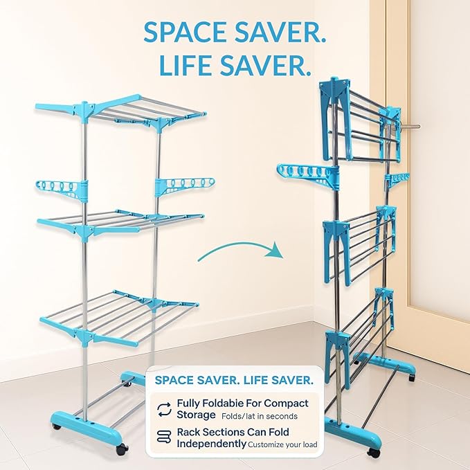 Single-Pole Stainless Steel 3-Tier Cloth Drying Stand with Wheels | Rustproof & Portable Laundry Rack (Sky Blue)