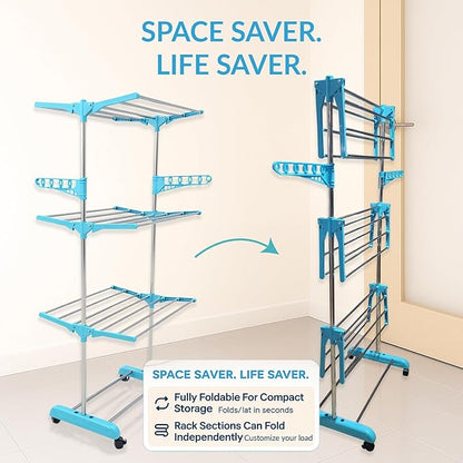 Single-Pole Stainless Steel 3-Tier Cloth Drying Stand with Wheels | Rustproof & Portable Laundry Rack (Sky Blue)